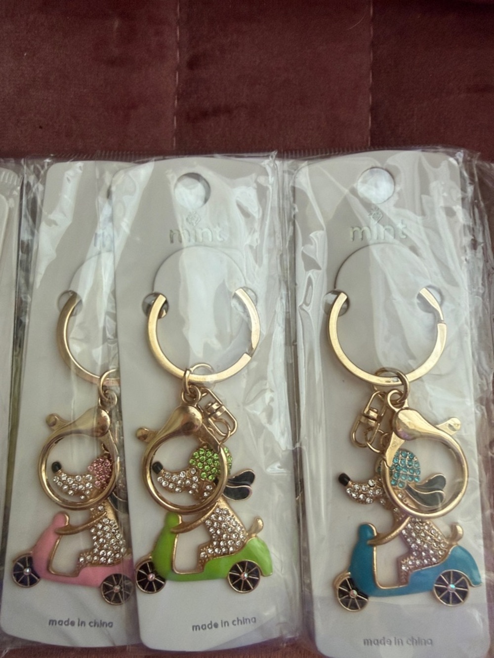 Set of 12 Gold Tone Scooter Puppy Keychains- Multi Color Options